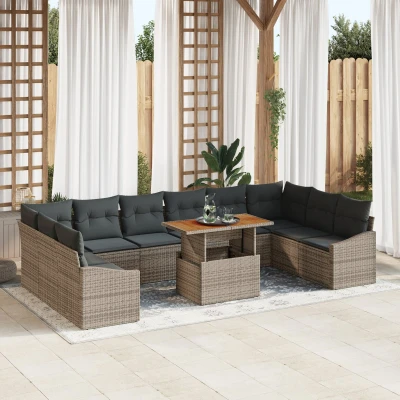 Afbeelding van vidaXL 11 delige Tuin Eetset met Kussens Grijs Poly Rattan Acacia