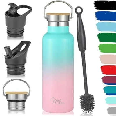 Afbeelding van Roestvrijstalen drinkfles 500 ml, 750 1000 ml (+3 deksels) thermosfles met rietje, Geïsoleerde Waterfles, lekvrije thermosfles, dubbelwandig, geschikt voor koolzuurhoudende dranken (Mintroze, 0,5 L)