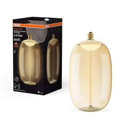 Afbeelding van OSRAM Vintage 1906 Big Elipse Oval is a dimmable LED lamp made of plastic with an elliptical filament. It offers 12 W, 500 lm, E27 socket, amber design, 200 mm diameter, CRI 80, 1,800 K.