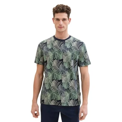 Afbeelding van TOM Tailor MIT Allover Tshirt print, Heren, Maat: Large, Navy multicolor leaf design