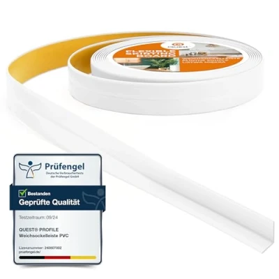 Afbeelding van Quest Zachte plint, zelfklevende knikstrip, eindstrip voor keuken en badkamer, afdichtingstape, pvc, flexibel, dicht, decoratief, 10 mm x mm, 5 meter, wit