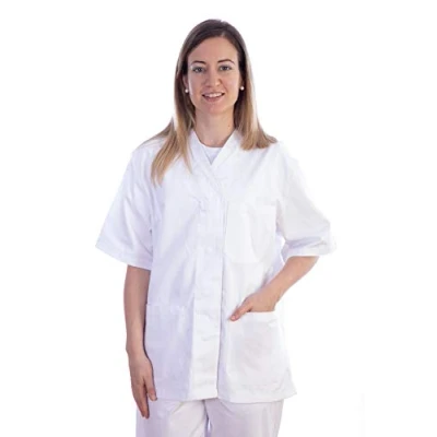 Afbeelding van Gima Kaszak van katoen en polyester, ziekenhuisuniform, witte kleur, V hals, halve mouwen, 5 drukknopen, voor dames, XL maat, artsen, dierenartsen, verpleegkundigen gezondheidspersoneel