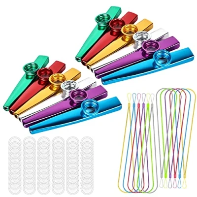 Afbeelding van kazoo instrumenten, metaal, 12 stuks, voor kinderen, met 60 membraan en sleutelkoorden, kinderen muziekliefhebbers beginners