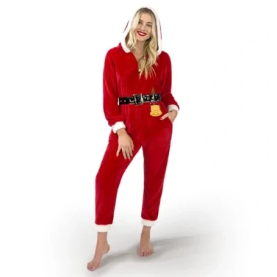 Afbeelding van Giggling Getup Vrouwen Slanke Kerstman Hooded Pyjama Outfits, Volwassen Rode Kerst Eendelige Pyjama, Fleece met Rits Voorkant M