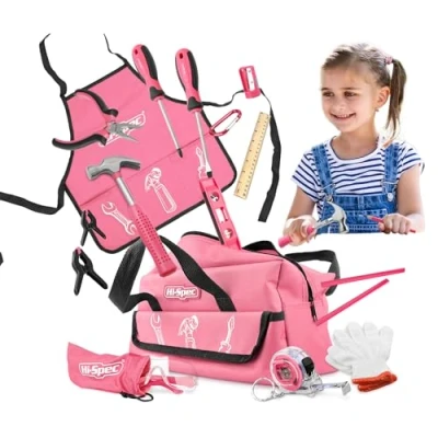 Afbeelding van Hi Spec 18 Delige Roze Gereedschapsset voor Kinderen met Gereedschapstas. Echt Metalen Handgereedschap &amp; Beginners Inclusief Werkschort, Beschermende Bril Meer