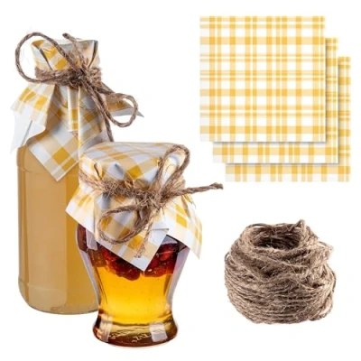 Afbeelding van KADAX Sieradendekens voor inmaakpotten, decoratieve dekens met jute koord jampotten, jampotten van papier (geel ruitpatroon, 50 stuks)