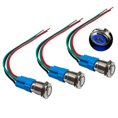 Afbeelding van QitinDasen 3stks Premium 12V/24V 3A Momentary Drukknop Schakelaar, 12mm Auto Ontsteking Starter Blauw LED Licht roestvrij staal IP66 Waterdichte Schakelaar met Socket Plug Wire