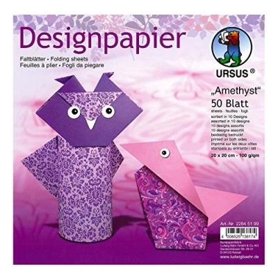 Afbeelding van Ursus 22845199 designpapier Amethist, 50 vellen in 10 verschillende motieven, ca. 20 x cm, 100 g/m², aan beide zijden bedrukt, ideaal voor het vouwen van creatieve origami dieren