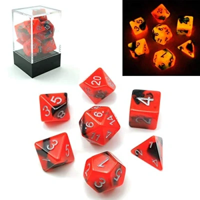 Afbeelding van Bescon Tweekleurige Glow in the Dark polyedrische dobbelstenen set HOT ROCKS, lichtgevende RPG d4 d6 d8 d10 d12 d20 d% opbergdoos