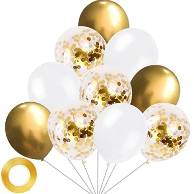 Afbeelding van Yiran Goudkleurige en witte ballonnen 30 stuks latex confettiballonnen van 30,5 cm (30 cm), metallic met 1 stuk lint voor verjaardagsfeesten, bruiloften, jubilea vieringen,