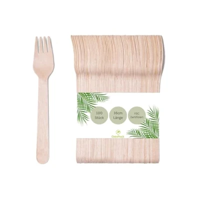 Afbeelding van DeinPack 100 houten vorken berkenhout, 16 cm, biologisch afbreekbaar, duurzaam bestek, wegwerpbestek, bestek