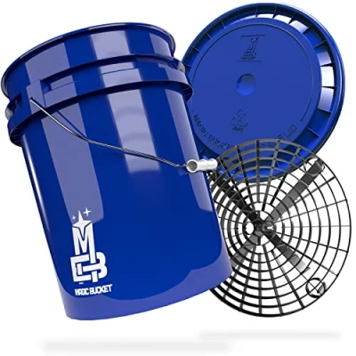 Afbeelding van MAGIC BUCKET Autohandwasbundel, wasemmer met bijpassende immerdeksel, ca. 20 liter, Grit Guard emmerinzetstuk vuilzeef, wasset, blauw/zwart