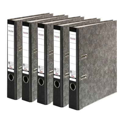 Afbeelding van Originele FALKEN 5 pack gerecyclede mappen wolk marmer. Made in Germany. cm smal DIN A4 zwarte rug ringmap map ordners briefordner kantoormap kartonnen ordner CO2 neutraal blauwe engel