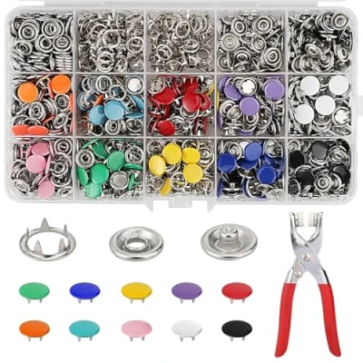 Afbeelding van Drukknopset met tang, drukknopentang, drukknopen naai accessoires, 9,5 mm drukknopen, geschikt voor doe het zelf knutselwerk, kinderkleding, tassen, handtassen en handwerk (10 kleuren)