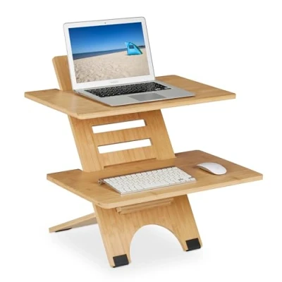 Afbeelding van Relaxdays bureau verhoger, in de hoogte verstelbaar, met 2 planken, bamboe, zit sta staand werken, natuur