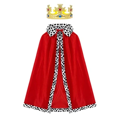 Afbeelding van VIKSAUN Deluxe koninginnenjas, lang, middeleeuws koningskostuum met rode cape en koningskroon, themafeestkostuum, Halloween op kindercarnaval (rood)