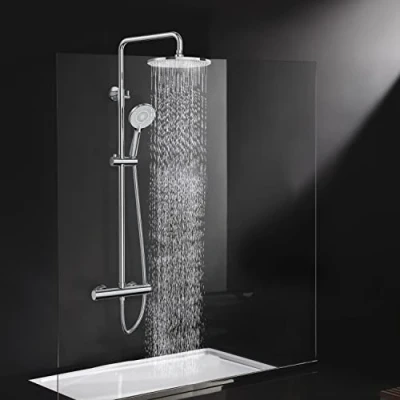 Afbeelding van Rainsworth Douchesysteem met thermostaat, chroom, complete set 25 cm ronde regendouche, douchekop, 3 straalsoorten, 92 126 in hoogte verstelbaar, regendouche kraan, doucheset