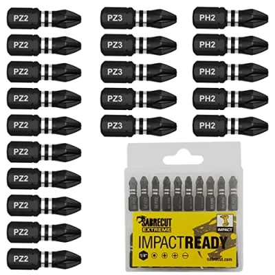 Afbeelding van 20 x SabreCut SCPB25_20 25mm PZ2 PZ3 PH2 Slagschroevendraaier Bits Set Single Ended PoziDriv POZI No.2 No.3 Phillips Heavy Duty inclusief opbergdoos