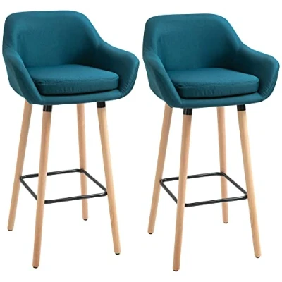 Afbeelding van HOMCOM Barkrukken Scandinavisch design, set van 2 barkrukken, hoog comfort, met voetensteun en armleuningen, massief hout, linnen, blauw