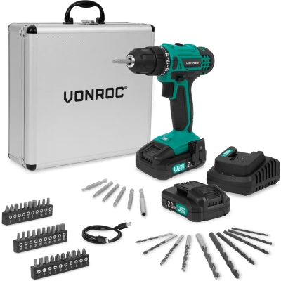 Afbeelding van VONROC Accuboormachine 20V 19 schroefstanden + boorstand Incl. 2x 2.0Ah accu, snellader en 46 accessoires in luxe koffer