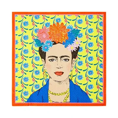 Afbeelding van Set van 20 gele papieren servetten met Frida Kahlo print Wegwerpservetten, Servies voor binnen of buiten Mexicaanse Fiesta Boho Verjaardagsfeestje, Cinco De Mayo, Zomer, Decoupage