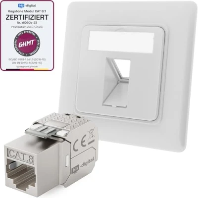 Afbeelding van hb digital Netwerkcontactdoos inbouw 1 poort RAL9003 signaalwit + 1X CAT 8 Keystone RJ45 module LAN Ethernet bus inbouwbus voor 5e 6 6a 7 2000MHz 40 Gbit/s STP