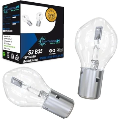 Afbeelding van LIGHTWORLD24 BA20d S2 35/35W 12V halogeen koplampen voor motorfiets, superhelder, groot licht, dimlicht, scooter, bromfiets, Bilux lamp, gloeilampen, set van 2