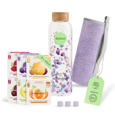 Afbeelding van waterdrop® Starterset Glas Boost Melange 1 drinkfles 600 ml + 18 Microdrink bruistabletten