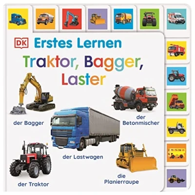 Afbeelding van Erstes Lernen. Traktor, Bagger, Laster: Pappbilderbuch mit Griff Register und über 120 Fotos ab 1 Jahr