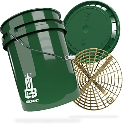 Afbeelding van MAGIC BUCKET Autohandwasbundel, wasemmer met bijpassende immerdeksel, ca. 20 liter, Grit Guard emmerinzetstuk vuilzeef, wasset, donkergroen/goud