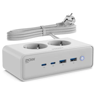 Afbeelding van Voomy 20W Stekkerdoos 2 USB C &amp; A Poorten Stopcontacten Aan / Uit schakelaar Snellader voor Laptop, Telefoon Tablet Oplader, Adapter, Verlengsnoer Wit