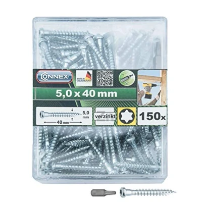 Afbeelding van Connex Houtverbindingsschroeven 5,0 x 40 mm 150 stuks TX torx aandrijving met onderkopversterking verzinkt incl. bit Made in Germany/hoekbeslag schroeven/schroef box / HV4550