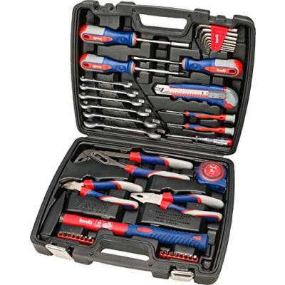 Afbeelding van kwb gereedschapskoffer inclusief schroevendraaierbits, 42 delig, gevuld, robuust en hoogwaardig, ideaal voor huishouden of garage, GS getest, in praktische kunststof koffer, rood, blauw, grijs