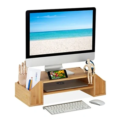 Afbeelding van Relaxdays Monitorstandaard bamboe bureau organizer beeldschermverhoger verhoger
