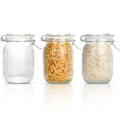 Afbeelding van Ezvsevuo Set van 3 glazen potten met deksel, 1 liter, container clip, luchtdichte sluiting voor jam, inmaakpotten, jampotten spaghetti, augurken, muesli