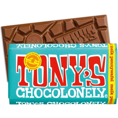 Afbeelding van Chocolade Tony&#039;s Chocolonely melk pennywafel reep 180gr