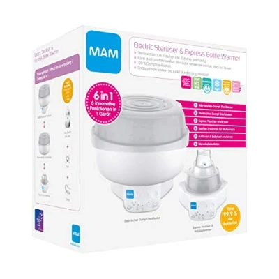 Afbeelding van MAM 6in1 Sterilisator en Express Flesverwarmer, stoomsterilisator flessenverwarmer, incl. 1x Easy Start Anti Colic flesje (160 ml) fopspeen 1 tang, grijs