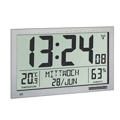 Afbeelding van TFA Dostmann zendergestuurde wandklok XXL, 60.4517.54, met temperatuur, luchtvochtigheid, groot display, gemakkelijk af te lezen, alarm, tijdzone, zilver, L 368 x B 29 (88) H 230 mm