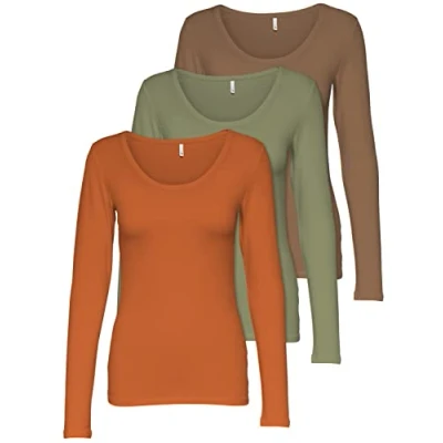 Afbeelding van ONLY 3 pack dames shirt met lange mouwen zwart en wit basic longsleeve zomer van 95% katoen XS S M L XL 15209156, Set kleuren Mix 6,