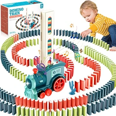 Afbeelding van Nckihrkk domino trein, speelgoed, 160 stuks bouwstenen, treinset, elektrische trein met licht en geluid, pedagogisch speelgoed voor meisjes jongens vanaf 3 jaar, blauw
