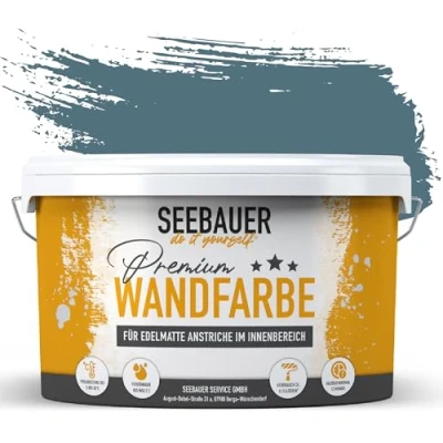 Afbeelding van SEEBAUER diy muurverf blauw 5L voor binnen (No. 800 Baltic Sea) edelmat binnenverf petrol blauwtinten zeer hoge dekkracht mat, wasbaar en druppelvrij