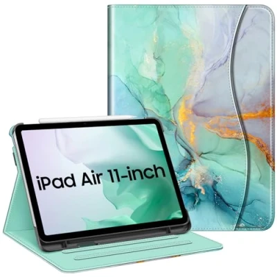 Afbeelding van FINTIE Hoesje compatibel met iPad Air 5e generatie (2022) / 4e (2020) 10,9 inch, foliostandaard meerdere kijkhoeken en zak, automatisch slapen/waken, smaragd marmer