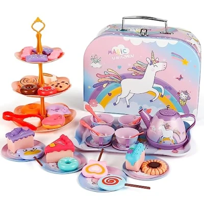 Afbeelding van XiYee 48 stuks theeservies voor kinderen, theeset kinderen met eenhoorn koffer, theeparty, rollenspel kleine meisjes, dessert, theeservies, kinderkeuken meisjes