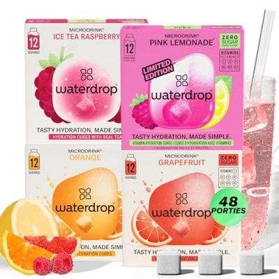 Afbeelding van waterdrop® Microdrink Limonade Set 48 suikervrije hydratatieblokjes: PINK LEMONADE, ICE TEA FRAMBOOS, GRAPEFRUIT &amp; SINAASAPPEL Alternatief voor frisdrank Suikervrij, met vitaminen