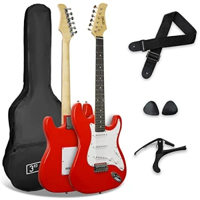 Afbeelding van 3rd Avenue XF 4/4 formaat elektrische gitaar, beginnerspakket met tas, gitaarband, plectrums en capo rood