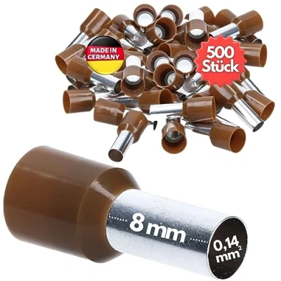Afbeelding van 500 stuks Kalitec AE01408BR adereindhulzen geïsoleerd 0,14 mm² 8 mm lang bruin I Made in Germany Industriële kwaliteit