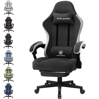Afbeelding van GTPLAYER gamingstoel, ergonomische bureaustoel met stoffen oppervlak, veerzitkussen, verbindingsarmleuningen en voetensteun zwart