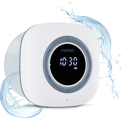 Afbeelding van MEDION P66096 Douche radio met Bluetooth (badkamerradio, FM radio, zuignap, LED display, IPX6 waterproof, geïntegreerde oplaadbare batterij, MD43884) wit