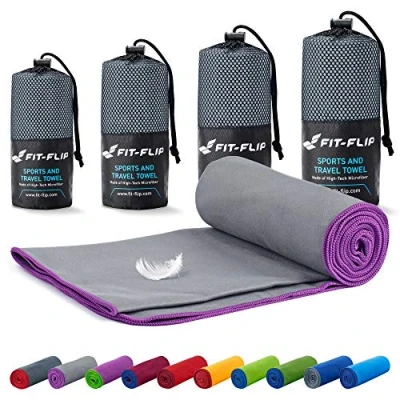 Afbeelding van Fit Flip Microvezel Handdoeken met tas reishanddoek, strandlaken en sporthanddoek ultralich, compact &amp; sneldrogend (80x40cm 1 Stuk, Grijs paarse rand)