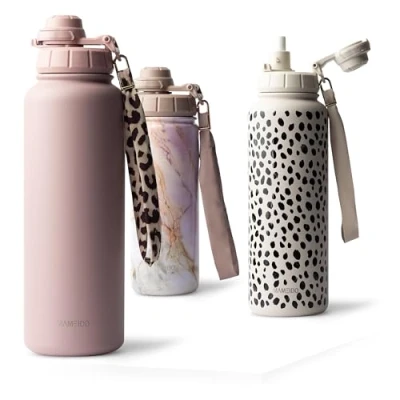 Afbeelding van MAMEIDO Thermosfles met rietje 1,2l lekvrije geïsoleerde drinkfles van roestvrij staal, BPA vrije waterfles draaglus, sportwaterfles (Powder Blush, 1200ml)